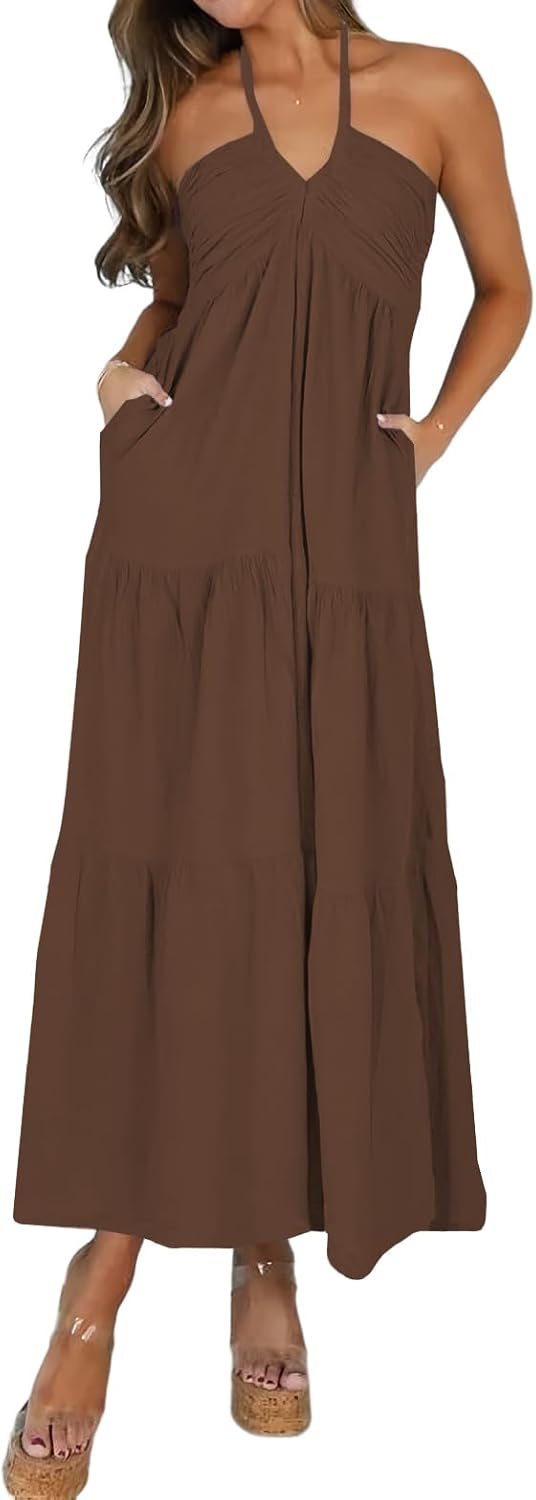 Soleia Women's Twist Halter Maxi Dress with Tiered Skirt, Cut-Out Detail & Pockets
