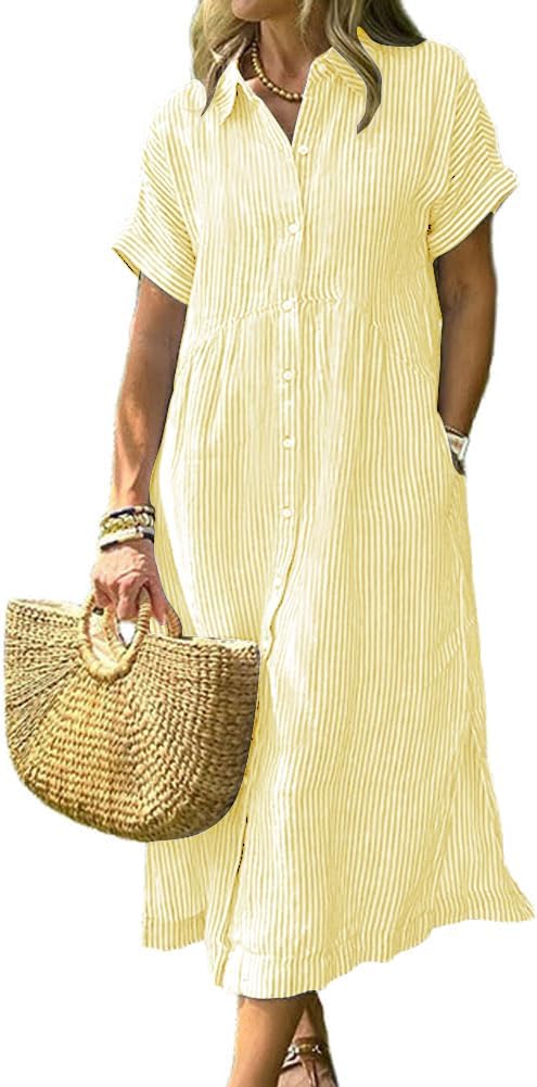 Corinne Women's Striped Button-Down Shirt Midi Dress with Short Sleeves & A-Line Fit