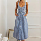 Delphine Women's Sleeveless Button-Front Denim Midi Dress with Smocked Back & A-Line Skirt