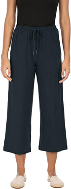 Danica Cotton Linen Blend Wide Leg Cropped Trousers with Drawstring Waist and Pockets