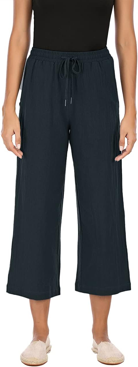 Danica Cotton Linen Blend Wide Leg Cropped Trousers with Drawstring Waist and Pockets