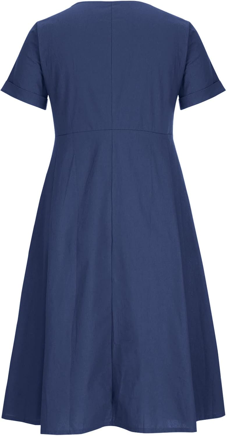 Althea Cotton Linen Blend Button Front Midi Dress with V-Neck and Side Pockets