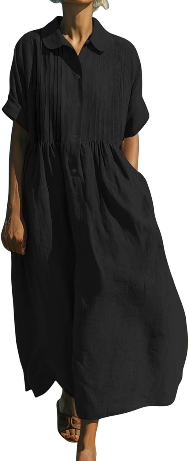 Emelina Cotton Linen Blend Button Front Maxi Dress with Short Sleeves and Pockets