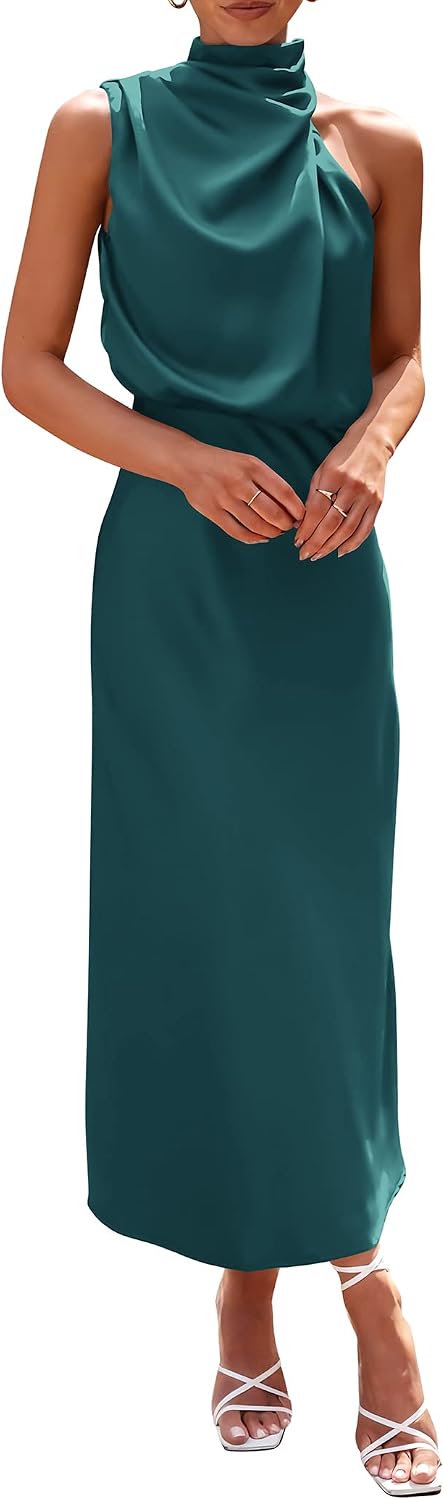 Vivienne Women's Satin Mock Neck Maxi Dress with Asymmetrical Shoulder & Flowy Skirt