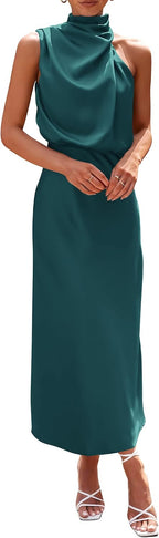 Vivienne Women's Satin Mock Neck Maxi Dress with Asymmetrical Shoulder & Flowy Skirt