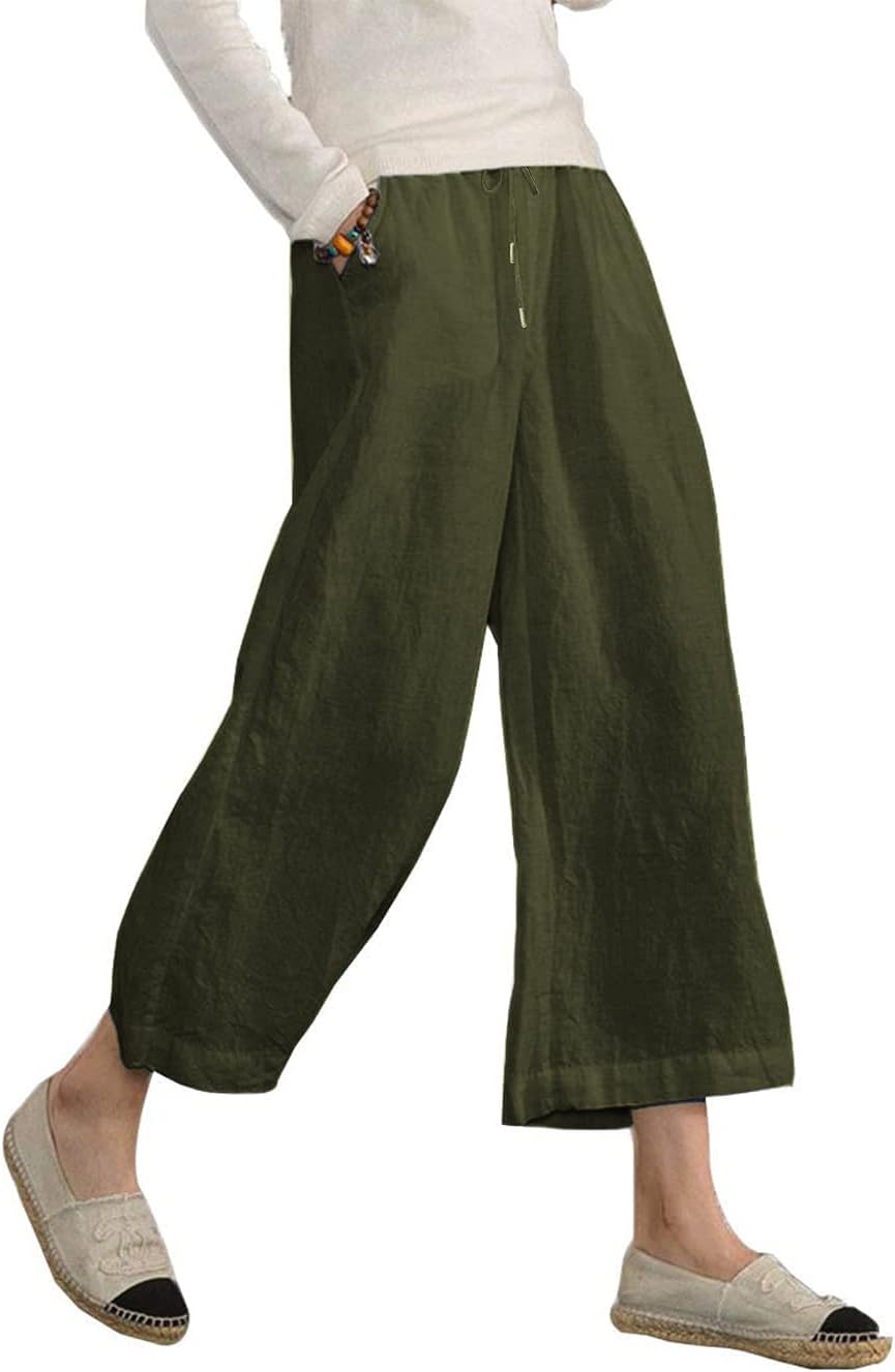 Danica Cotton Linen Blend Wide Leg Cropped Trousers with Drawstring Waist and Pockets