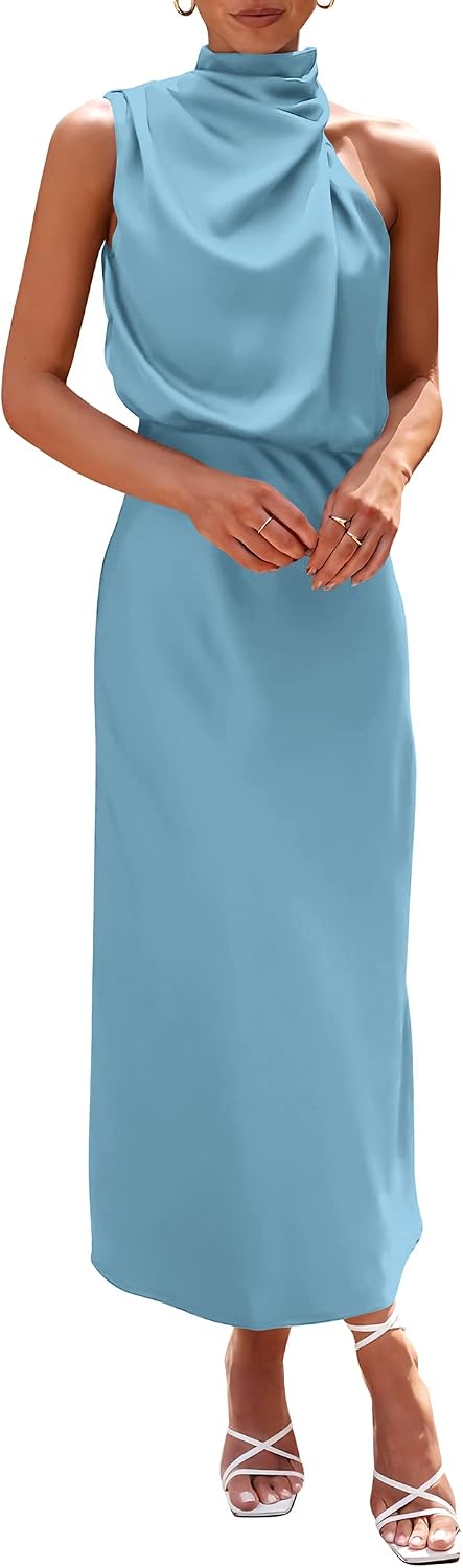 Vivienne Women's Satin Mock Neck Maxi Dress with Asymmetrical Shoulder & Flowy Skirt
