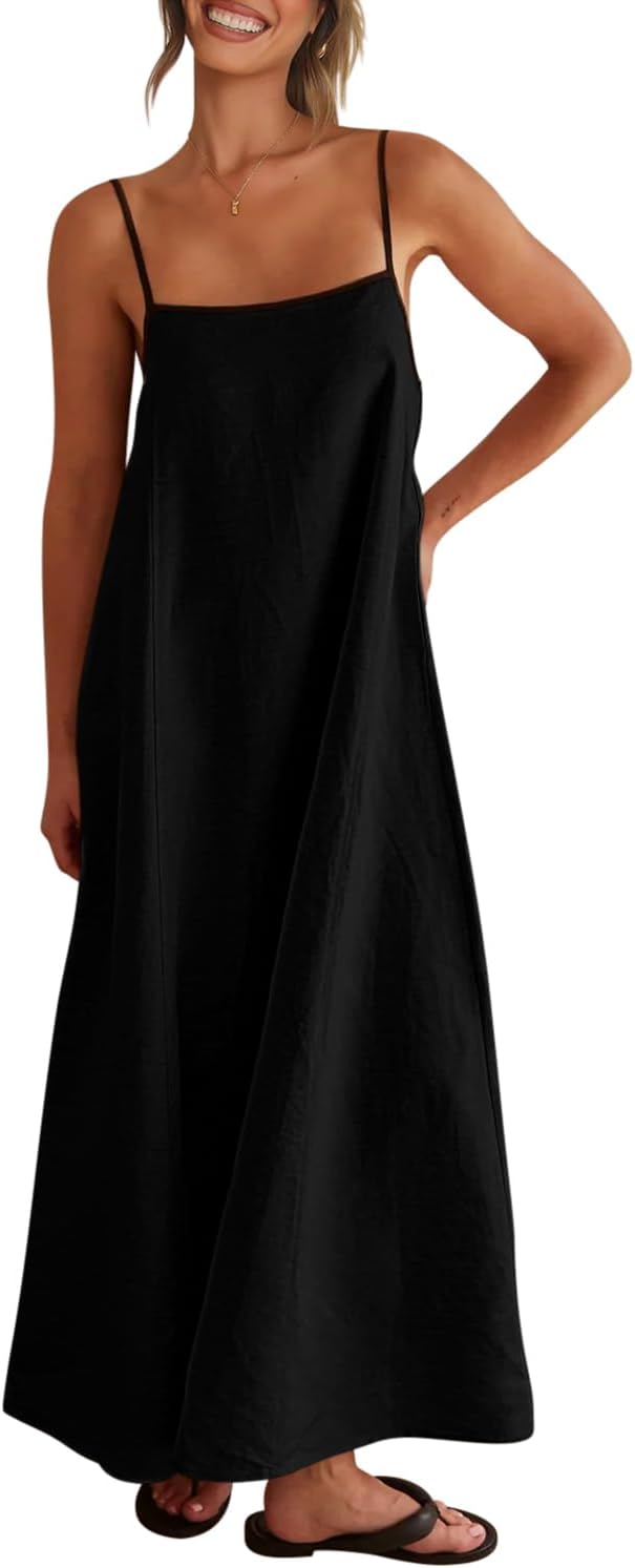 Virelle Women's Linen Maxi Dress with Contrast Trim, Adjustable Straps & Back Tie