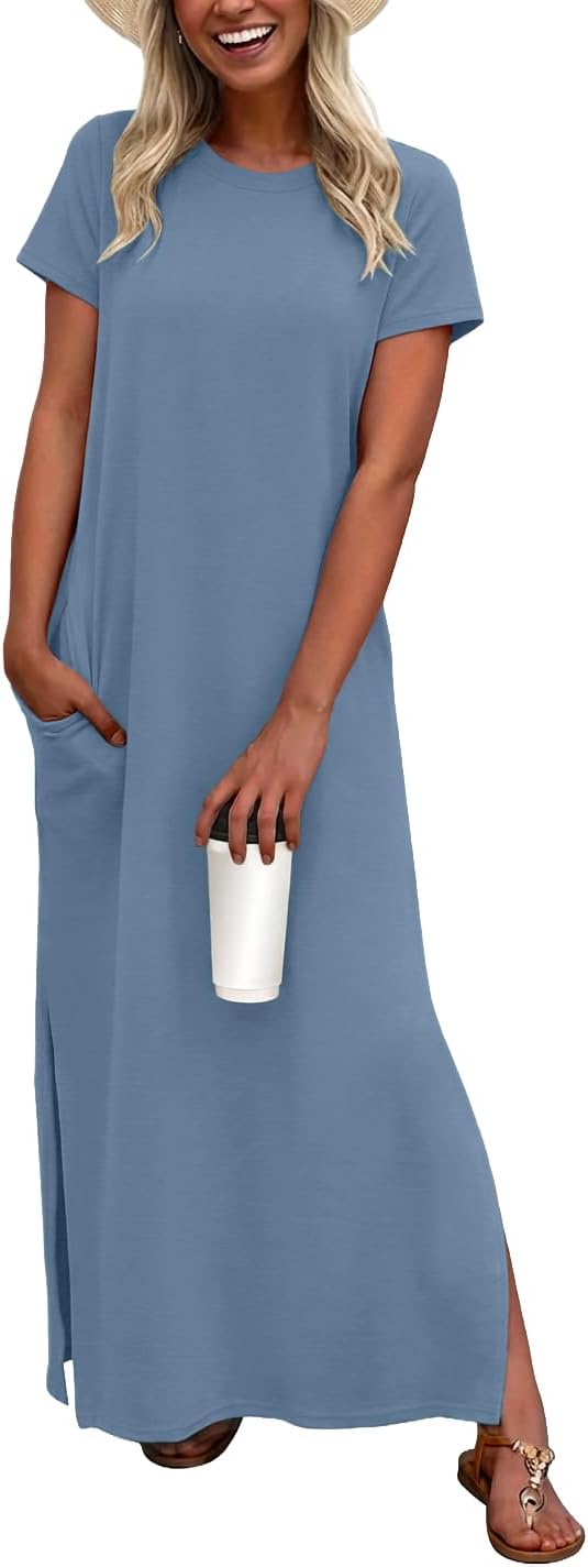 Odette Women's Short Sleeve Maxi Dress with Side Slit & Pockets