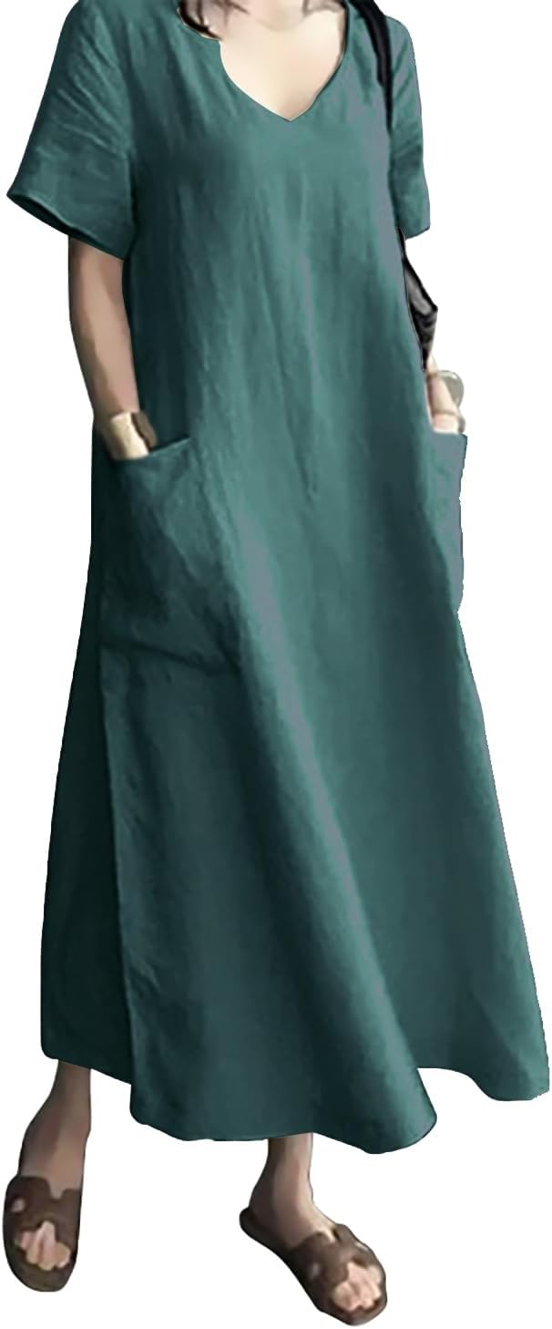 Elara Cotton Blend Maxi Dress – V-Neck Short Sleeve Loose Long Dress with Pockets