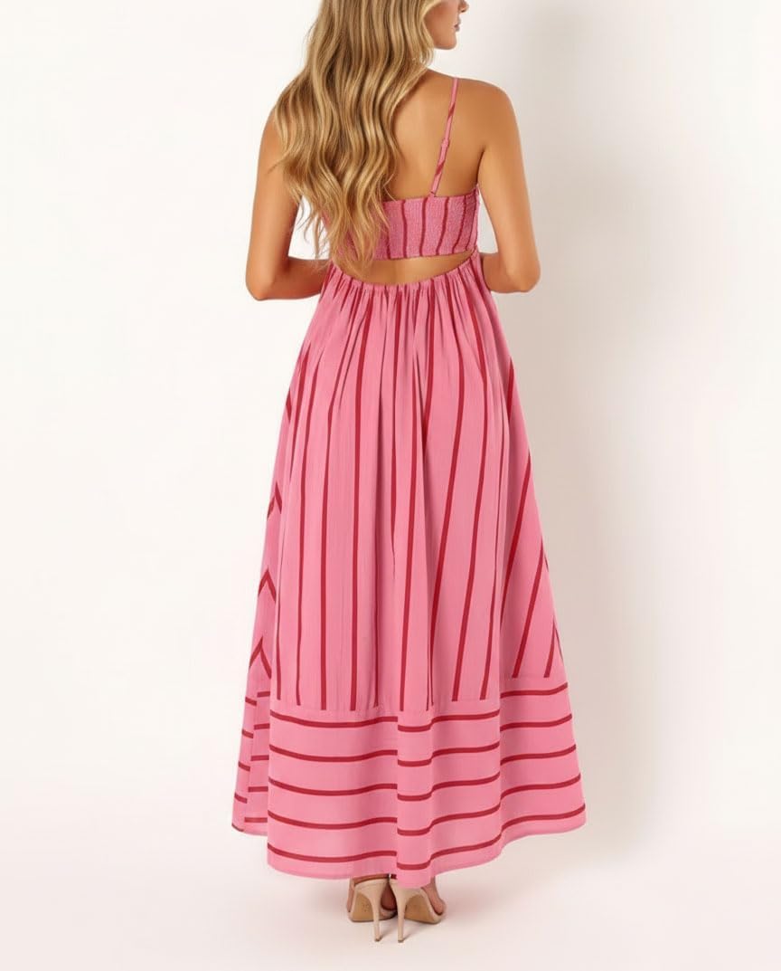 Seraphina Women's Striped Maxi Dress with Smocked Back, Cut-Out Detail & Pockets