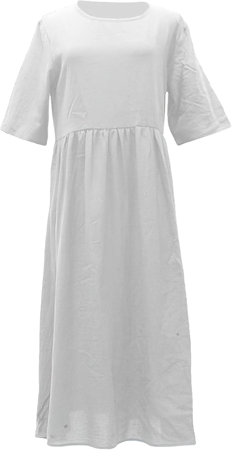 Elowen Cotton Linen Blend Maxi Dress with Round Neck, Short Sleeves and Side Pockets