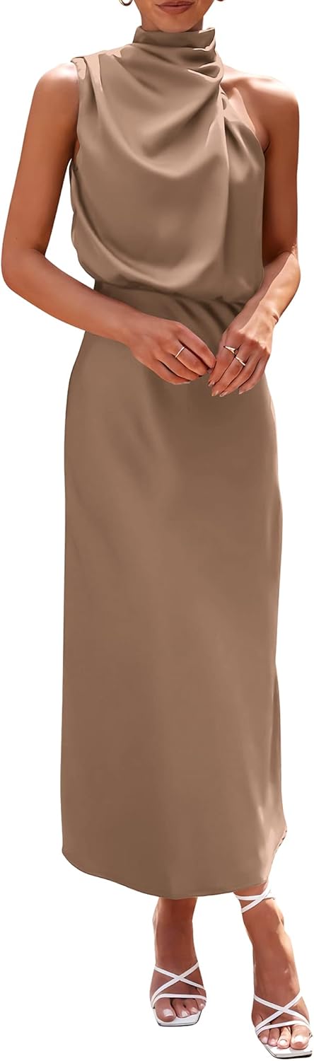 Vivienne Women's Satin Mock Neck Maxi Dress with Asymmetrical Shoulder & Flowy Skirt