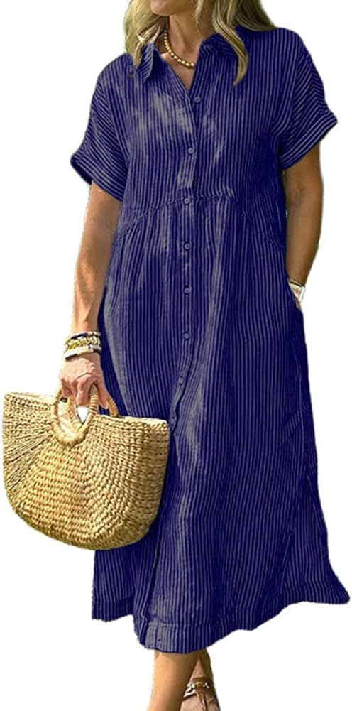 Corinne Women's Striped Button-Down Shirt Midi Dress with Short Sleeves & A-Line Fit