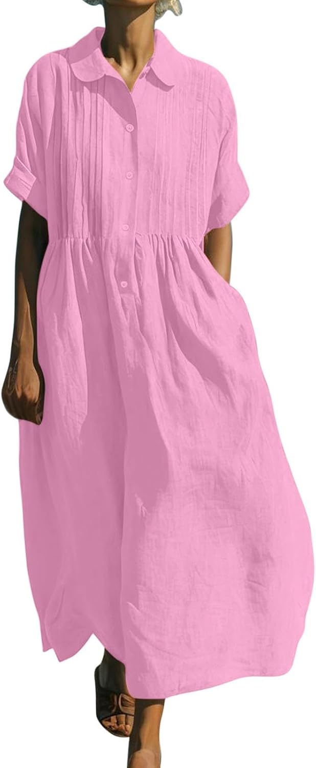 Emelina Cotton Linen Blend Button Front Maxi Dress with Short Sleeves and Pockets