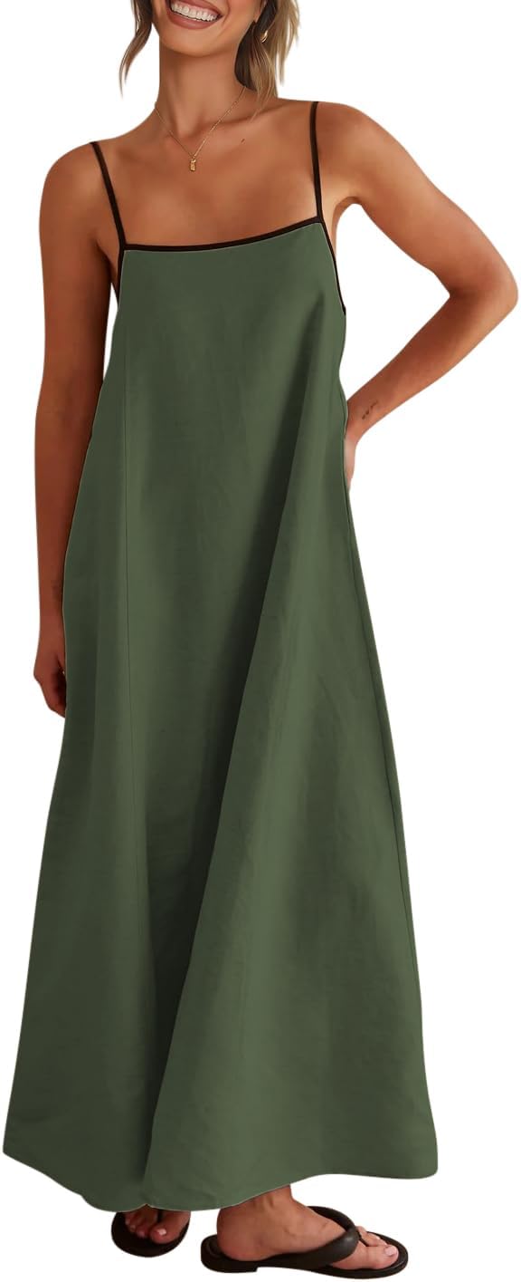 Virelle Women's Linen Maxi Dress with Contrast Trim, Adjustable Straps & Back Tie