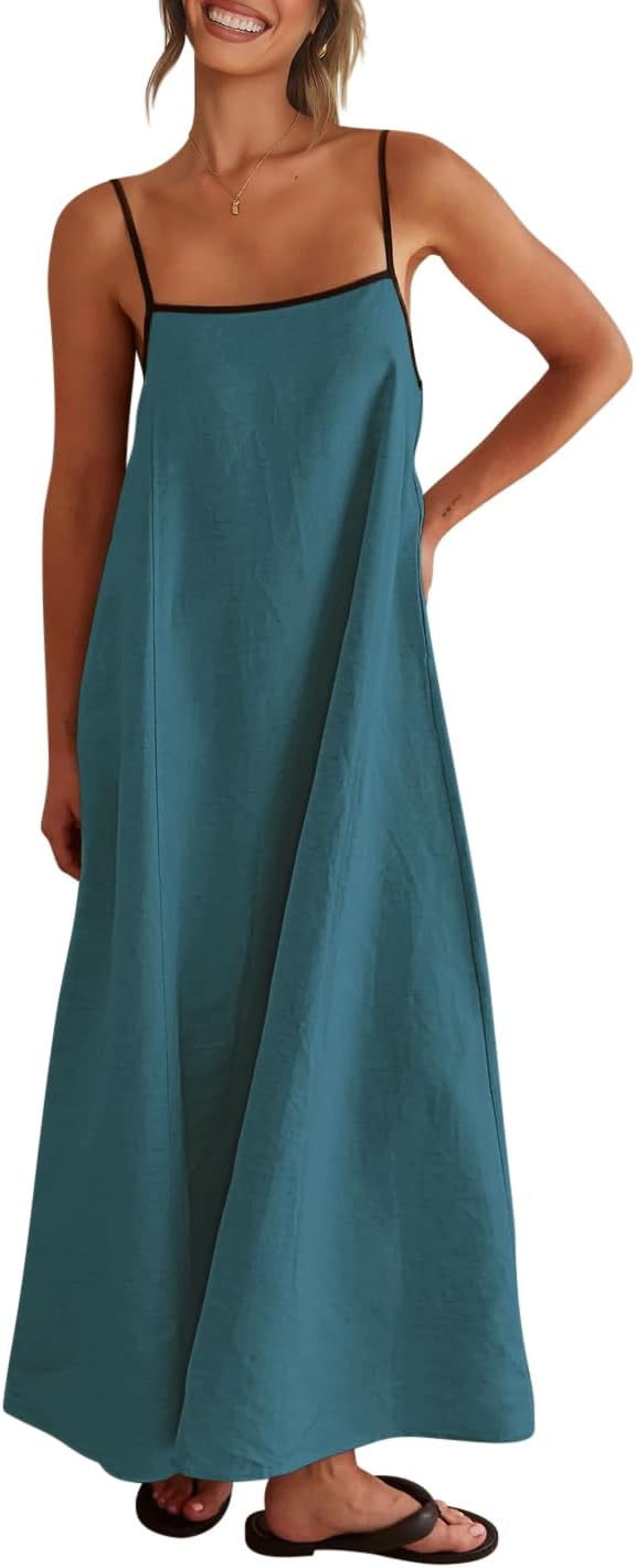 Virelle Women's Linen Maxi Dress with Contrast Trim, Adjustable Straps & Back Tie