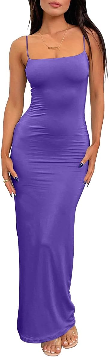 Elaria Women's Double-Lined Bodycon Maxi Dress with Spaghetti Straps & Stretch Fit
