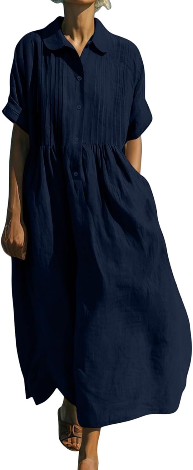 Emelina Cotton Linen Blend Button Front Maxi Dress with Short Sleeves and Pockets