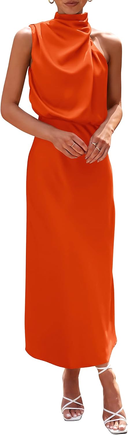 Vivienne Women's Satin Mock Neck Maxi Dress with Asymmetrical Shoulder & Flowy Skirt