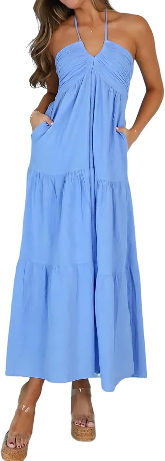 Soleia Women's Twist Halter Maxi Dress with Tiered Skirt, Cut-Out Detail & Pockets