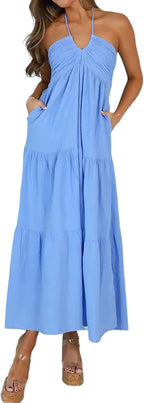 Soleia Women's Twist Halter Maxi Dress with Tiered Skirt, Cut-Out Detail & Pockets