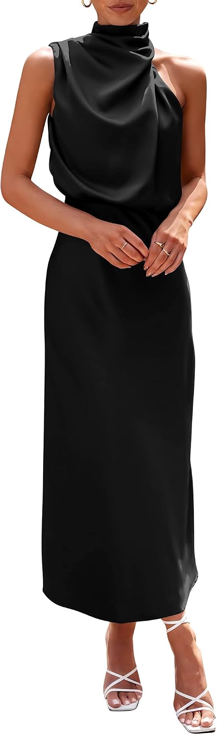 Vivienne Women's Satin Mock Neck Maxi Dress with Asymmetrical Shoulder & Flowy Skirt