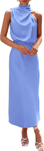 Vivienne Women's Satin Mock Neck Maxi Dress with Asymmetrical Shoulder & Flowy Skirt