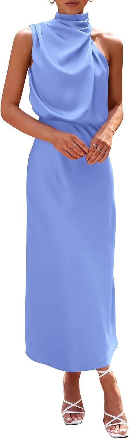 Vivienne Women's Satin Mock Neck Maxi Dress with Asymmetrical Shoulder & Flowy Skirt