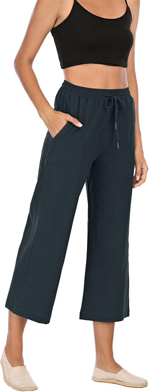 Danica Cotton Linen Blend Wide Leg Cropped Trousers with Drawstring Waist and Pockets