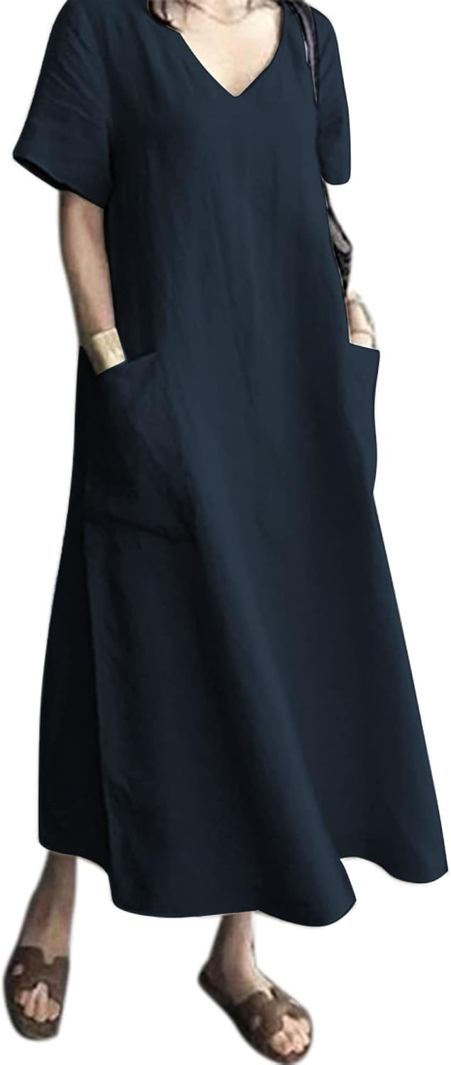 Elara Cotton Blend Maxi Dress – V-Neck Short Sleeve Loose Long Dress with Pockets