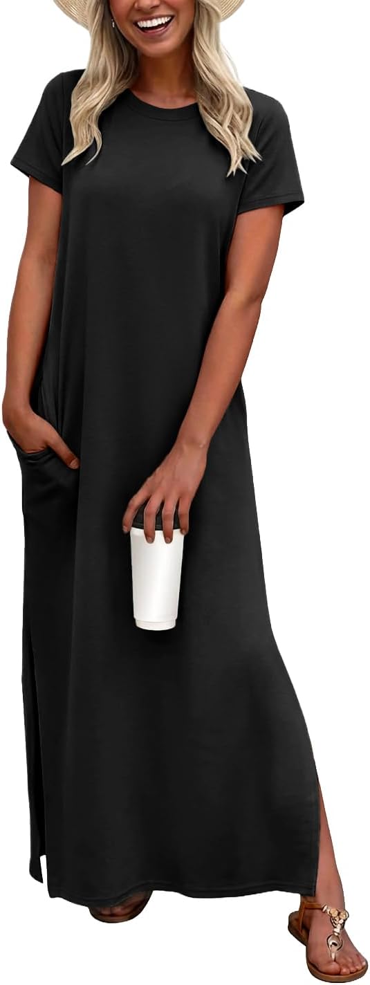 Odette Women's Short Sleeve Maxi Dress with Side Slit & Pockets