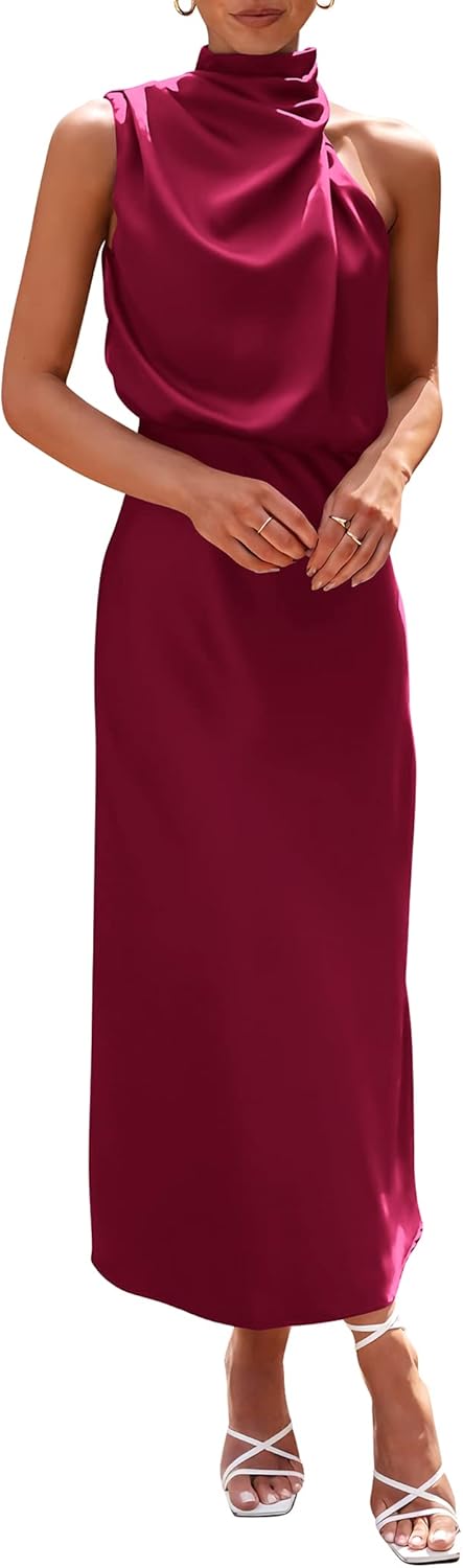 Vivienne Women's Satin Mock Neck Maxi Dress with Asymmetrical Shoulder & Flowy Skirt