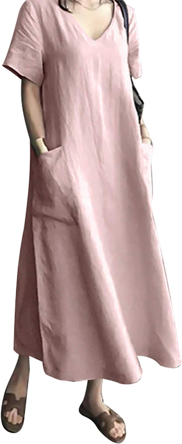 Elara Cotton Blend Maxi Dress – V-Neck Short Sleeve Loose Long Dress with Pockets