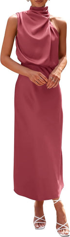 Vivienne Women's Satin Mock Neck Maxi Dress with Asymmetrical Shoulder & Flowy Skirt
