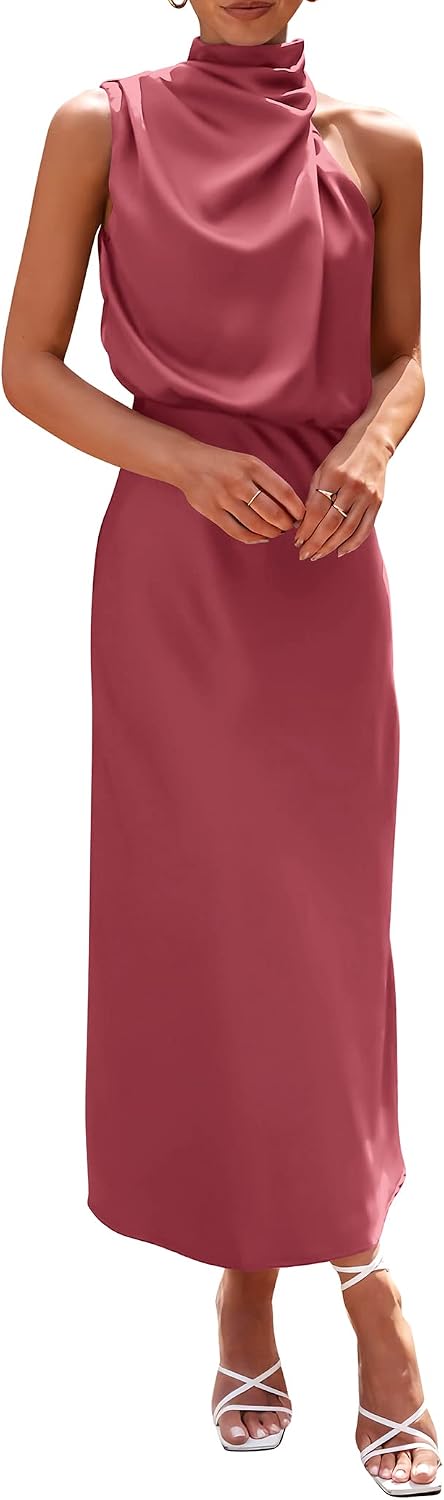Vivienne Women's Satin Mock Neck Maxi Dress with Asymmetrical Shoulder & Flowy Skirt