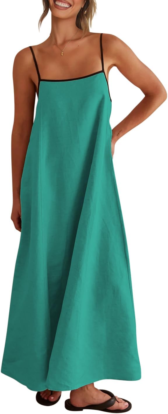 Virelle Women's Linen Maxi Dress with Contrast Trim, Adjustable Straps & Back Tie