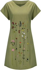 Mireille Floral Print Linen Blend T-Shirt Dress – V-Neck Short Sleeve Mini