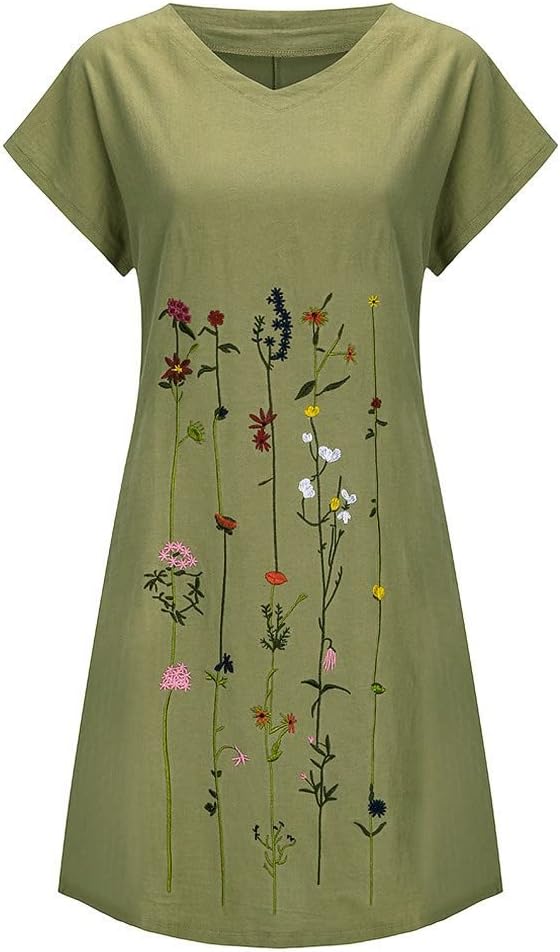 Mireille Floral Print Linen Blend T-Shirt Dress – V-Neck Short Sleeve Mini