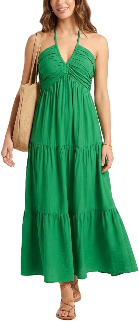 Soleia Women's Twist Halter Maxi Dress with Tiered Skirt, Cut-Out Detail & Pockets