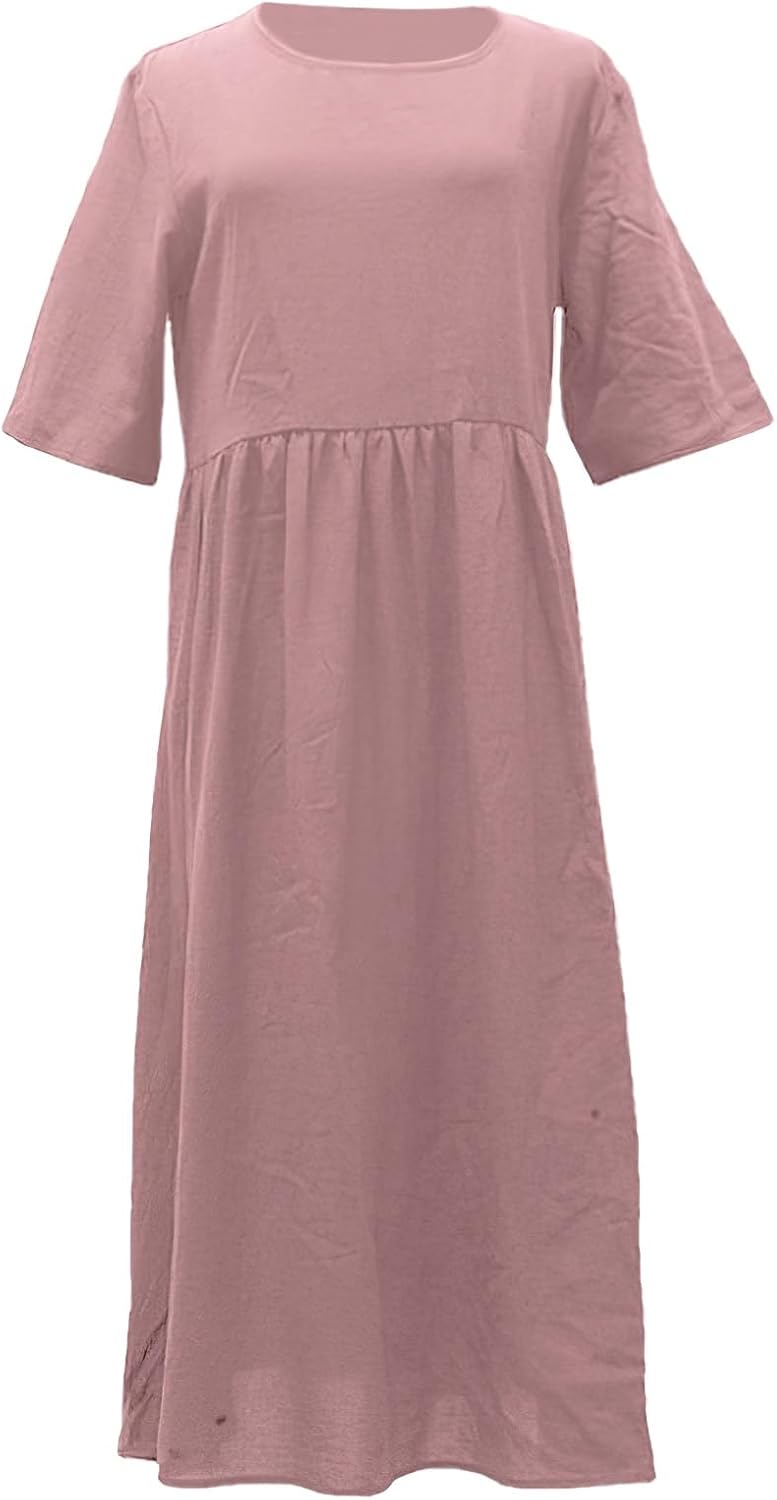 Elowen Cotton Linen Blend Maxi Dress with Round Neck, Short Sleeves and Side Pockets