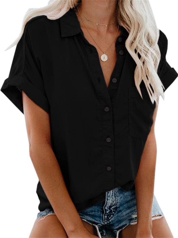 Princess - Oversized Cotton Button Down Short Sleeve Collared Summer Shirt for Women