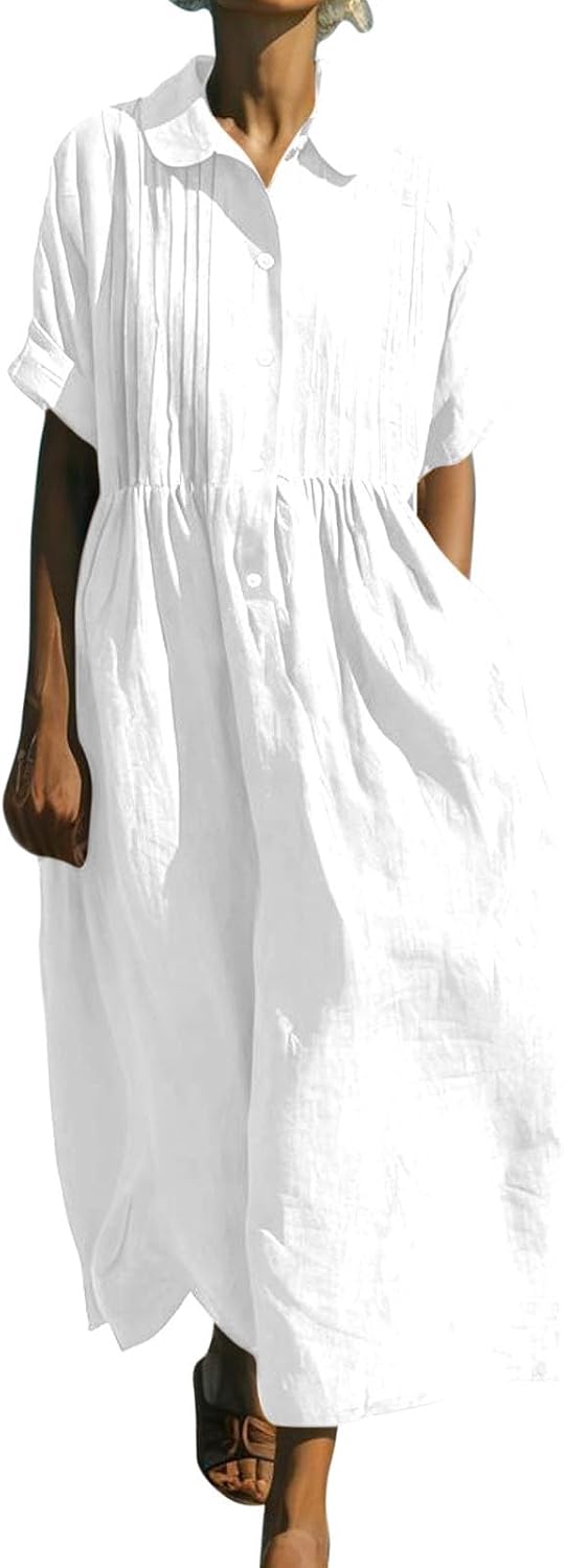 Emelina Cotton Linen Blend Button Front Maxi Dress with Short Sleeves and Pockets