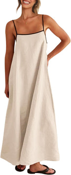 Virelle Women's Linen Maxi Dress with Contrast Trim, Adjustable Straps & Back Tie