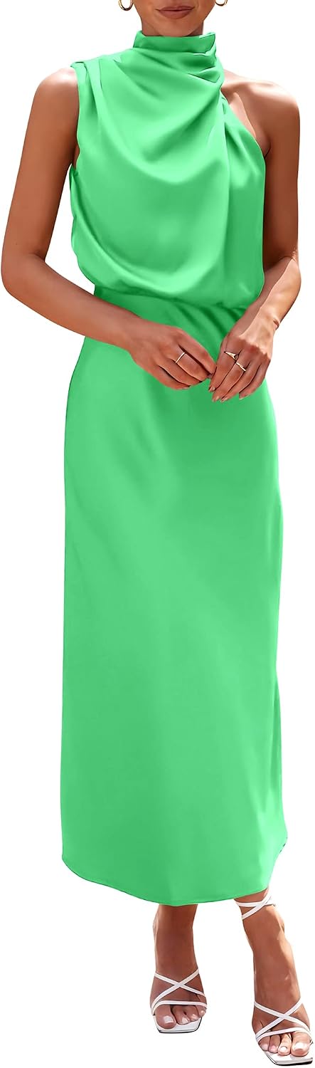 Vivienne Women's Satin Mock Neck Maxi Dress with Asymmetrical Shoulder & Flowy Skirt