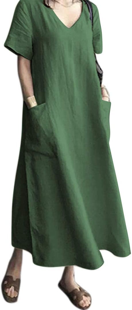 Elara Cotton Blend Maxi Dress – V-Neck Short Sleeve Loose Long Dress with Pockets