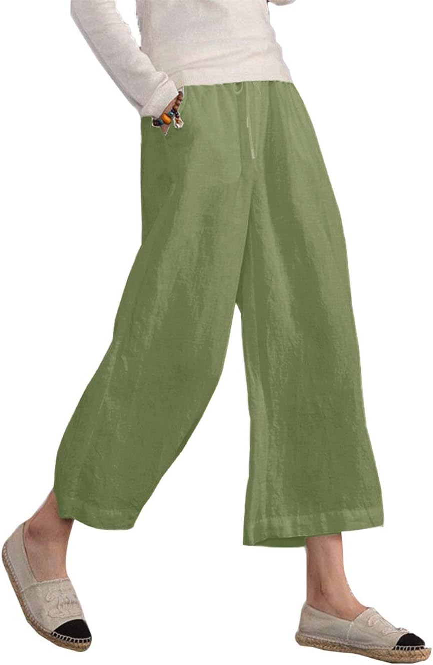 Danica Cotton Linen Blend Wide Leg Cropped Trousers with Drawstring Waist and Pockets