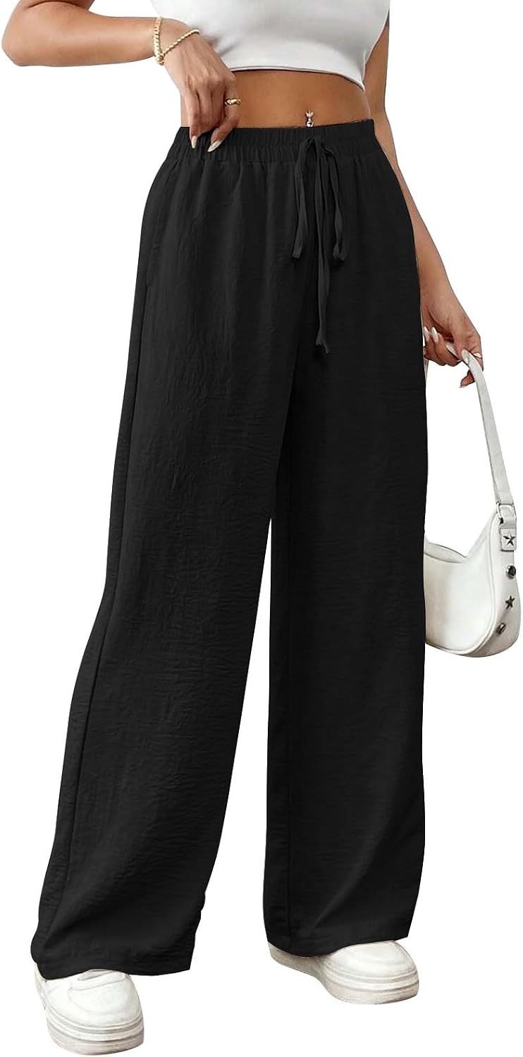 Alessia Linen Blend Wide Leg Summer Trousers with High Waist Drawstring and Side Pockets