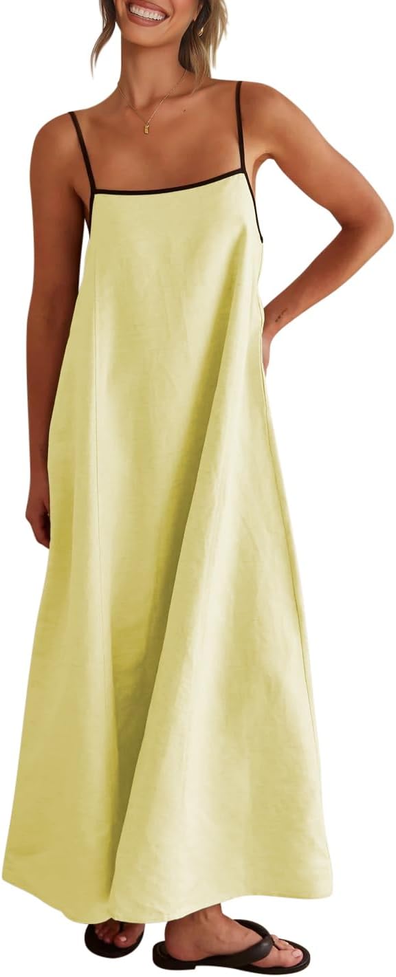 Virelle Women's Linen Maxi Dress with Contrast Trim, Adjustable Straps & Back Tie