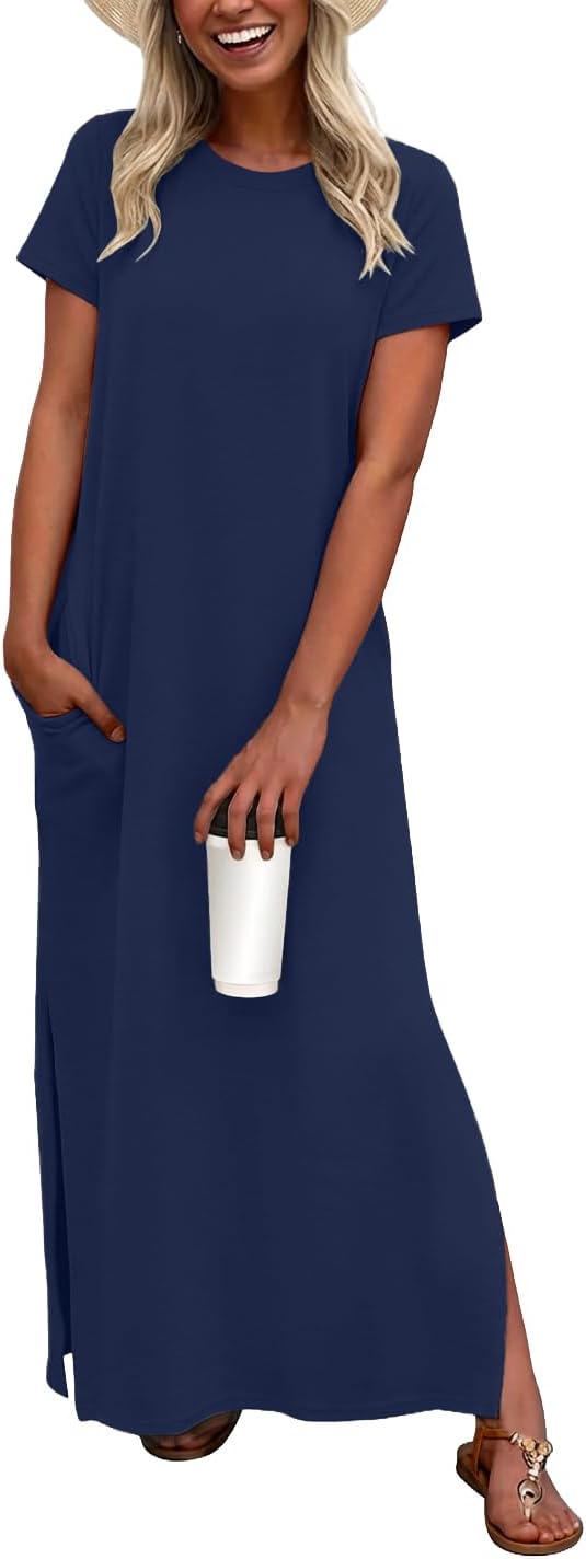 Odette Women's Short Sleeve Maxi Dress with Side Slit & Pockets